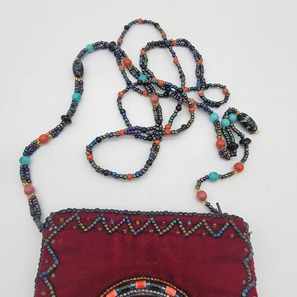 Red 100% Silk Bag Velvet Beaded Trim Small Evening Fancy Beaded Colorful‎ Boho - Picture 4 of 11